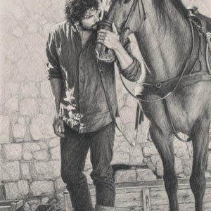 May include: A detailed graphite pencil drawing depicting a person with curly hair wearing a button-down shirt, trousers, and tall boots, standing beside a saddled horse. The person gently touches the horse's muzzle in a quiet, outdoor setting.
