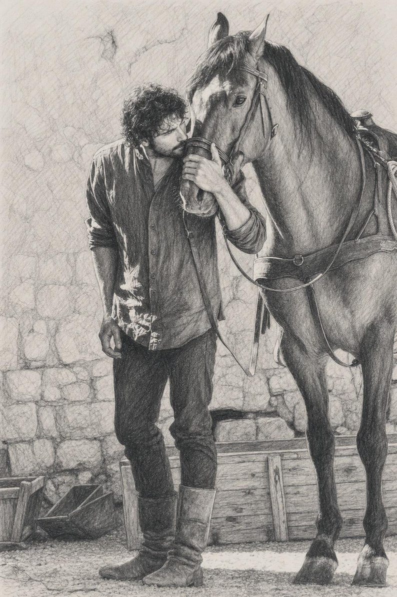 May include: A detailed graphite pencil drawing depicting a person with curly hair wearing a button-down shirt, trousers, and tall boots, standing beside a saddled horse. The person gently touches the horse's muzzle in a quiet, outdoor setting.