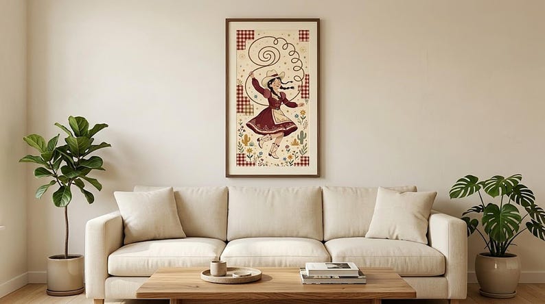 Burgundy folk cowgirl art print framed above a cream sofa in a living room — western wall decor, printable digital download