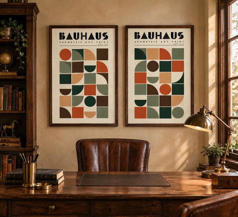 K&ouml;nnte beinhalten: Zwei gerahmte Kunstdrucke mit dem Text BAUHAUS GEOMETRIC ART PRINT SEPT 1919 am oberen Rand. Jeder Druck zeigt ein Raster aus geometrischen Formen wie Kreisen, Halbkreisen und Quadraten in den Farben Orange, Dunkelgr&uuml;n, Braun und Beige.
