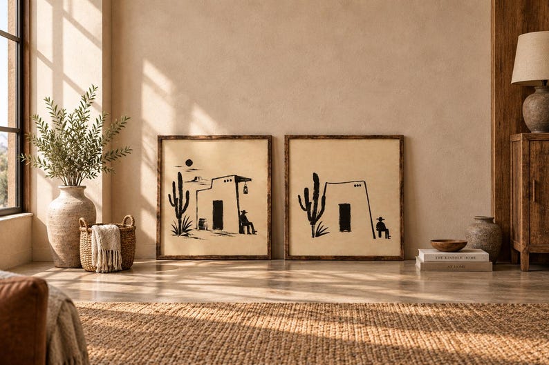 May include: Two square wall art pieces in dark wooden frames featuring black ink illustrations on a beige background. The left print depicts a desert scene with a cactus, a building, and a figure. The right print shows a similar desert scene.