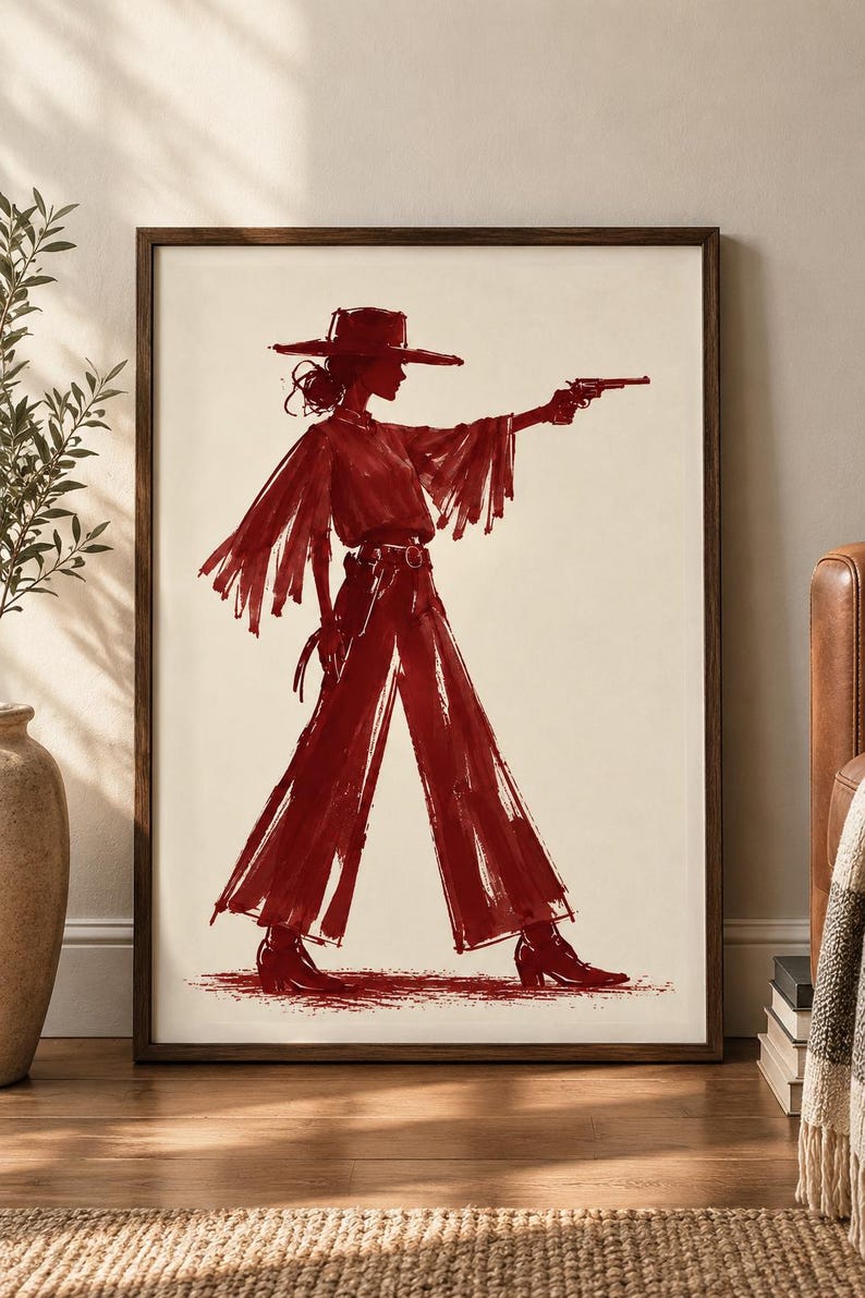 May include: A framed wall art print featuring a dark red ink-style illustration of a figure wearing a wide-brimmed hat, a fringed top, and wide-leg trousers. The figure is depicted in profile, holding a revolver with an outstretched arm.