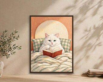 White Cat Wall Art Print, Reading in Bed, Book Lover Digital Download