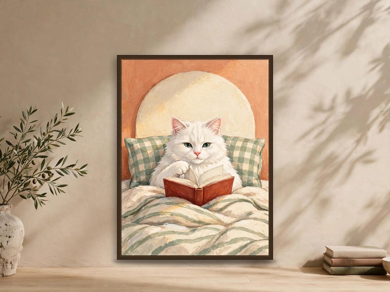 Bookish wall art print of a fluffy white cat with green eyes reading a book in bed, framed and leaning against a warm terracotta wall — funny cat wall art for book lovers
