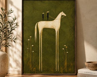 White Horse Wall Art – Olive Green Equestrian Print, Digital Download