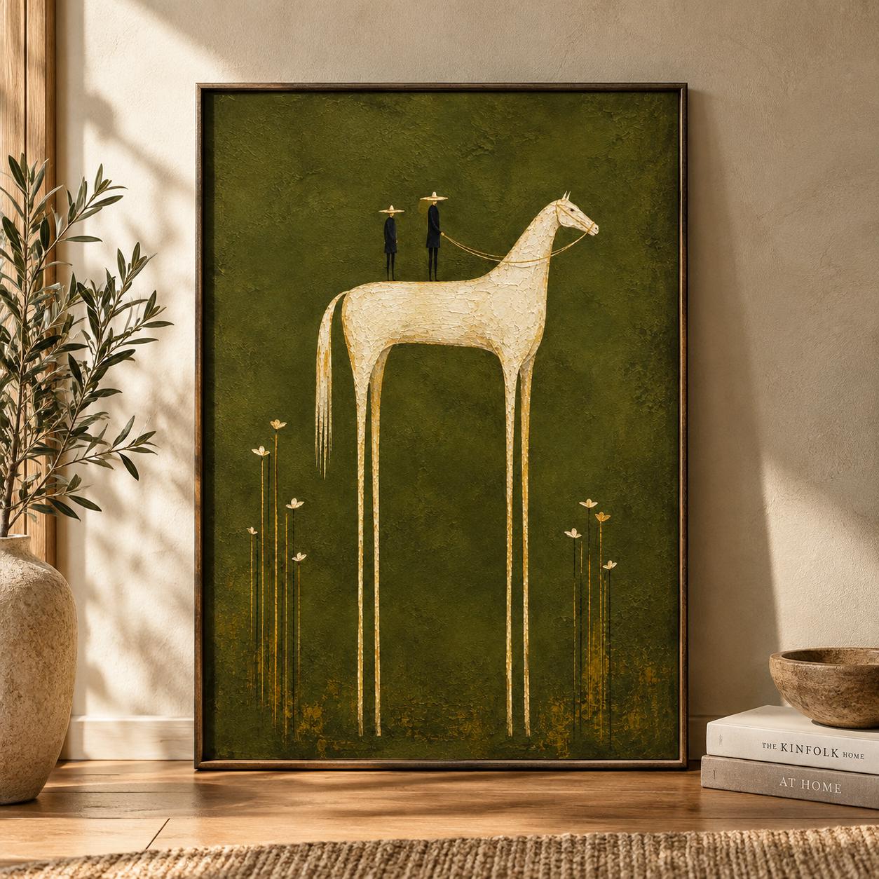 White Horse Wall Art – Olive Green Equestrian Print, Digital Download