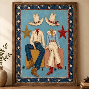 May include: A framed textured wall art piece depicting two headless figures in western attire. The figures wear white cowboy hats, shirts with red accents, and boots. They sit on blocks against a light blue background with red and gold stars.