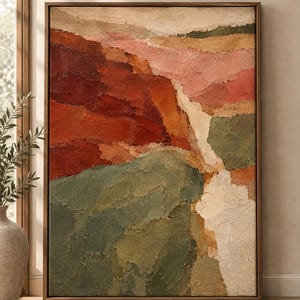 May include: A vertical rectangular framed painting featuring a textured landscape with thick impasto brushstrokes. The composition displays layered sections of deep red, burnt orange, muted sage green, soft pink, and cream tones in a canyon-like scene.