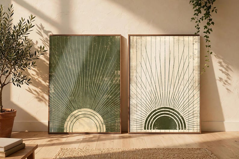 May include: Two rectangular framed wall art prints featuring a sunburst design. The left print has a dark green background with a cream-colored semi-circle. The right print has a cream background with a dark green semi-circle.