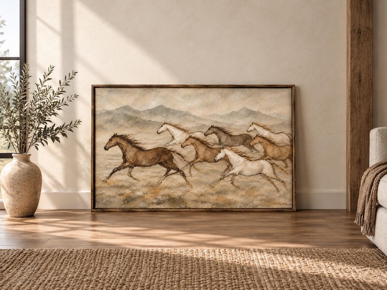May include: A rectangular framed wall art print featuring a herd of horses galloping across a dusty, muted landscape. The scene depicts several horses in shades of brown, white, and gray, set against a backdrop of rolling hills under a cloudy sky.
