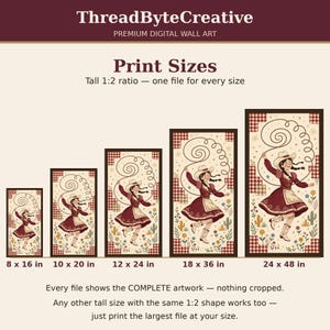 Print sizes guide for the tall cowgirl folk art print — 8x16, 10x20, 12x24, 18x36 and 24x48 inches, every file shows the complete artwork with nothing cropped