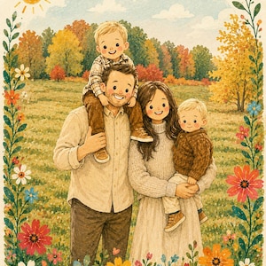 May include: A digital illustration of a family of four in a field during autumn. A parent carries a child on their shoulders, while another parent holds a second child. They are surrounded by a decorative border of colourful flowers and a sun.
