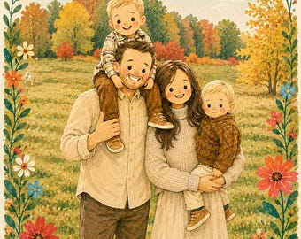 Custom Family Portrait from Photo, Watercolor Storybook Illustration, Personalized Gift, Digital Download