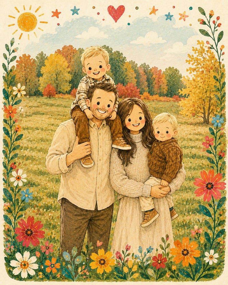 May include: A digital illustration of a family of four in a field during autumn. A parent carries a child on their shoulders, while another parent holds a second child. They are surrounded by a decorative border of colourful flowers and a sun.