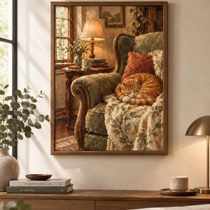 May include: A framed wall art print depicting an oil painting of an orange tabby cat curled up asleep on a green upholstered armchair. The scene includes a side table with a lamp, a small vase of flowers, and a patterned throw blanket.