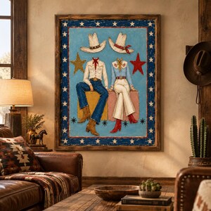 May include: A framed wall art piece featuring two figures with cowboy hats, one in a white shirt and blue jeans with brown boots, the other in a light blue shirt and white pants with red boots, set against a blue background with white stars.