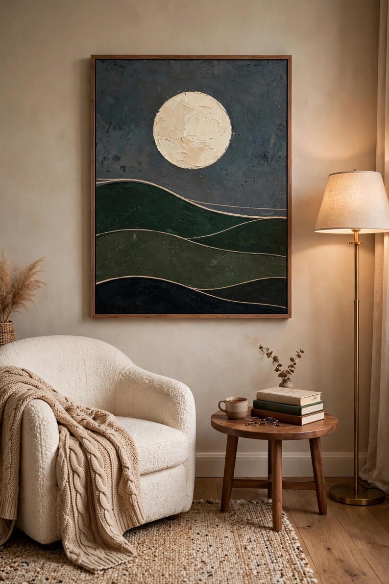 Abstract moon and hills art print above a reading chair with floor lamp — dark green Japandi wall art for a reading nook or study