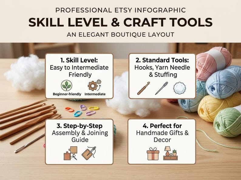 Pu&ograve; includere: Un'infografica intitolata Professional Etsy Infographic Skill Level & Craft Tools. Presenta quattro sezioni: 1. Skill Level: Easy to Intermediate Friendly, 2. Standard Tools: Hooks, Yarn Needle & Stuffing, 3. Step-by-Step Assembly & Joining Guide e 4. Perfect for Handmade Gifts & Decor, circondata da uncinetti, gomitoli di lana e imbottitura.