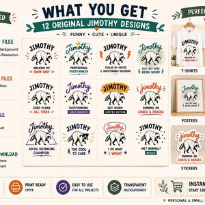 May include: A digital download set featuring 12 original raccoon illustrations labelled Jimothy with various humorous phrases. The collection includes PNG, JPG, and PDF files displayed on t-shirts, tote bags, posters, mugs, and stickers.