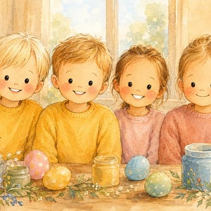 May include: A watercolour illustration of four children with smiling faces, two wearing yellow jumpers and two wearing pink jumpers, positioned behind a wooden table with colourful painted eggs and glass jars, framed by floral accents.