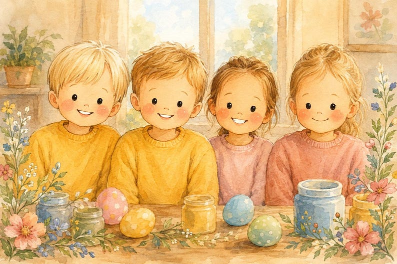May include: A watercolour illustration of four children with smiling faces, two wearing yellow jumpers and two wearing pink jumpers, positioned behind a wooden table with colourful painted eggs and glass jars, framed by floral accents.