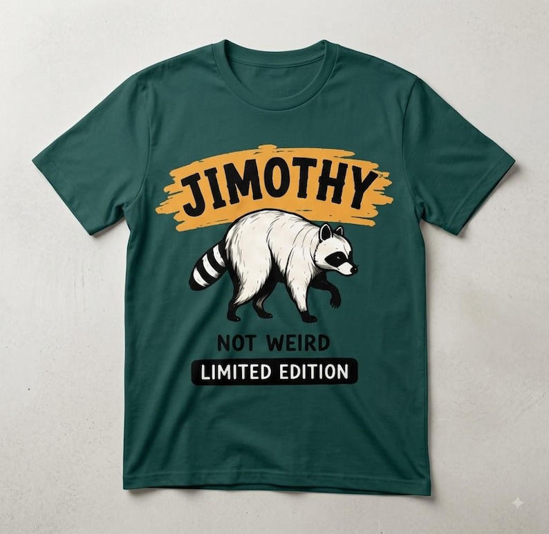 May include: A dark teal short-sleeve t-shirt featuring a graphic of a white raccoon with black markings. Above the raccoon is the text JIMOTHY in black on a yellow brushstroke background. Below the raccoon is the text NOT WEIRD LIMITED EDITION.