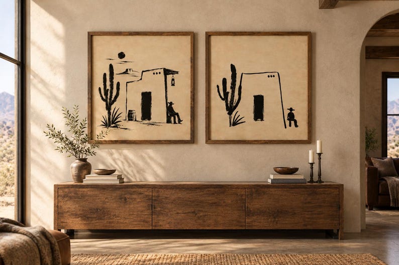 May include: Two square wall art pieces in dark wood frames featuring black ink illustrations on a beige background. The left print shows a desert building, a cactus, and a seated figure. The right print depicts a similar building and cactus.