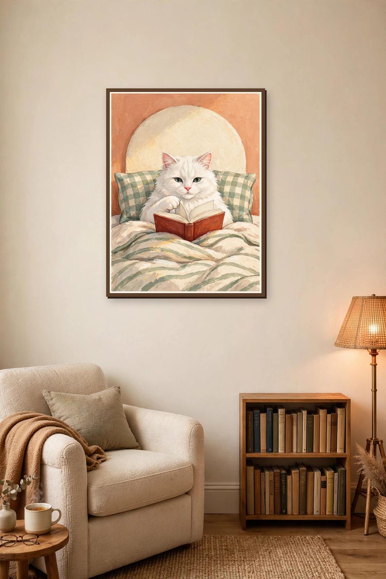 Cat reading in bed art print above a reading chair — perfect bookish wall art for a reading nook or home library