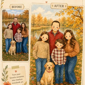 May include: A digital display titled Hand-Painted Storybook Family Portrait showing a before and after comparison of a family photo and its watercolour illustration. The image features a family of four and a dog in an autumn park setting.