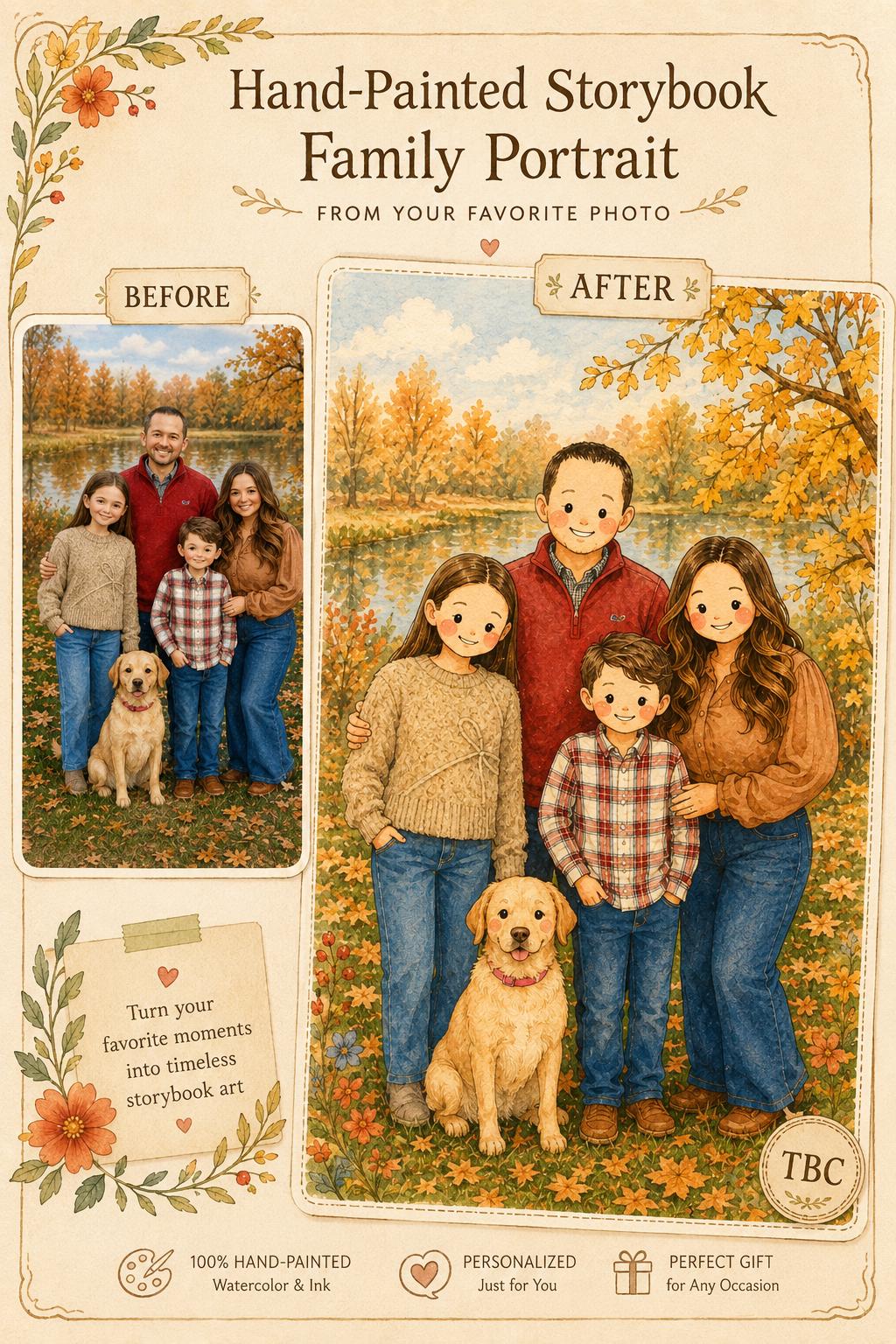 Custom Family Portrait from Photo, Watercolor Storybook Illustration, Personalized Gift, Digital Download photo 6