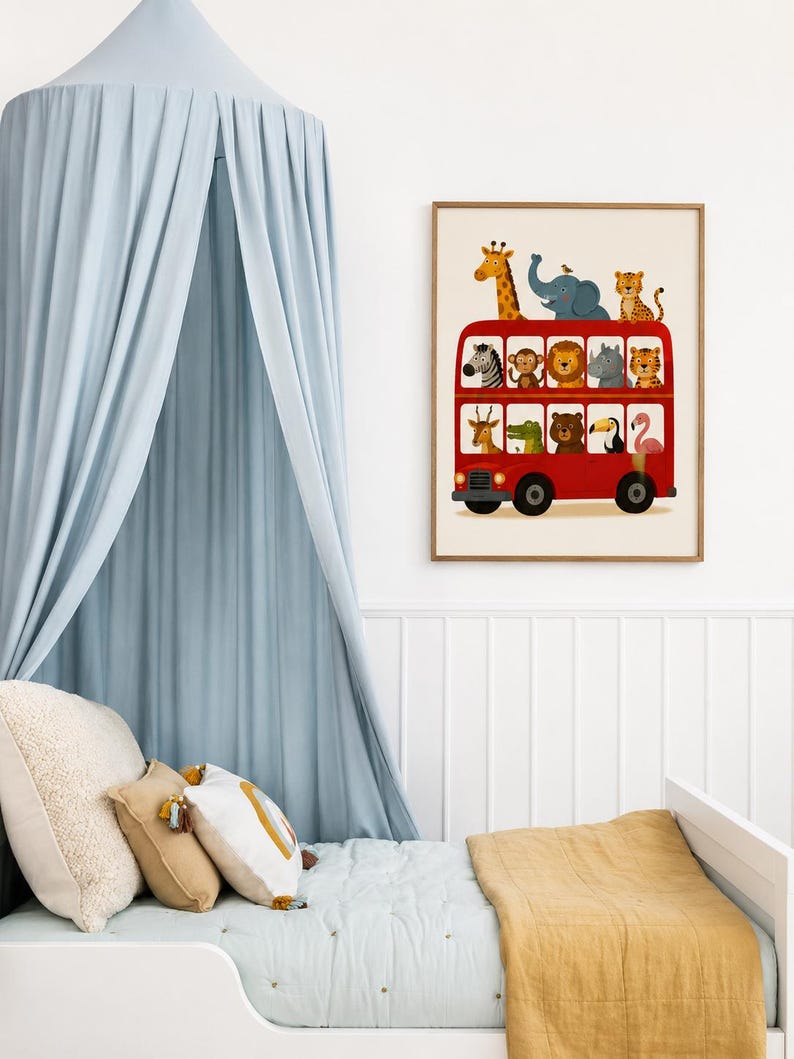May include: A framed wall art print featuring a red double-decker bus filled with various illustrated animals, including a giraffe, elephant, zebra, monkey, lion, rhino, tiger, crocodile, bear, toucan, and flamingo, set against a cream background.