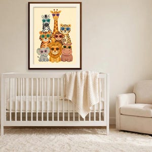 May include: A framed wall art print featuring a group of cartoon animals including a zebra, giraffe, leopard, tiger, monkey, lion, elephant, and hippo. Each animal is wearing colorful sunglasses against a light cream-colored background.