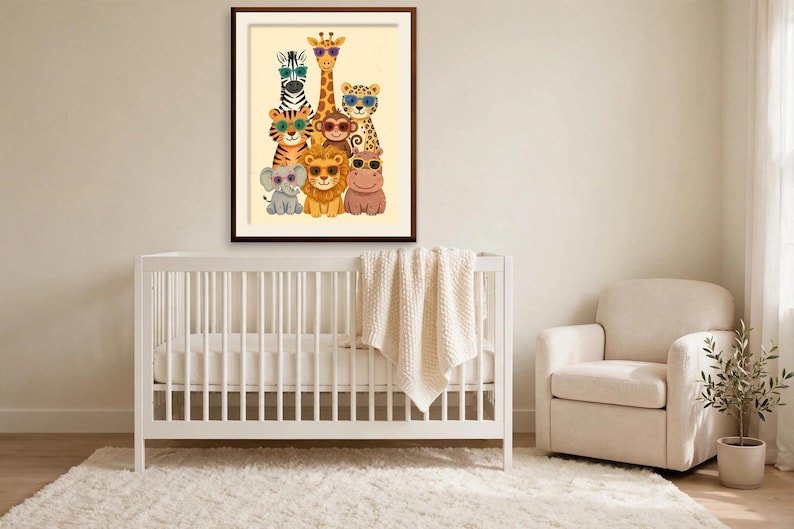 May include: A framed wall art print featuring a group of cartoon animals including a zebra, giraffe, leopard, tiger, monkey, lion, elephant, and hippo. Each animal is wearing colorful sunglasses against a light cream-colored background.