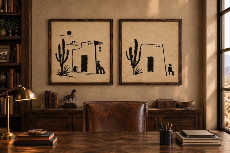 May include: Two square wall art pieces featuring black ink illustrations on a beige background. The left print shows a desert scene with a cactus, a building, and a figure. The right print depicts a similar desert scene with a cactus and a figure.