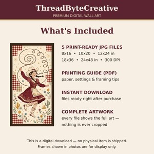 What's included with this cowgirl wall art digital download: 5 high-resolution 300 DPI JPG files in tall sizes 8x16, 10x20, 12x24, 18x36 and 24x48 inches, plus a printing guide