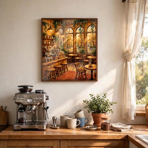 May include: A framed wall art print depicting a cozy cafe interior with warm lighting, wooden stools, and arched windows. Below, a stainless steel espresso machine sits on a wooden counter next to several ceramic mugs and a potted plant.