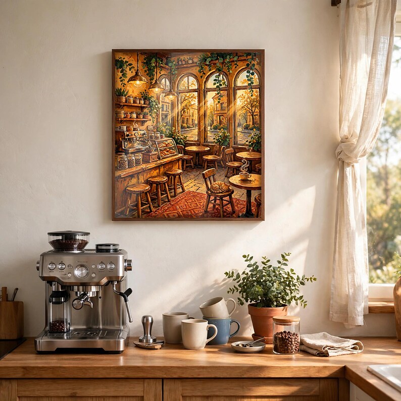 May include: A framed wall art print depicting a cozy cafe interior with warm lighting, wooden stools, and arched windows. Below, a stainless steel espresso machine sits on a wooden counter next to several ceramic mugs and a potted plant.