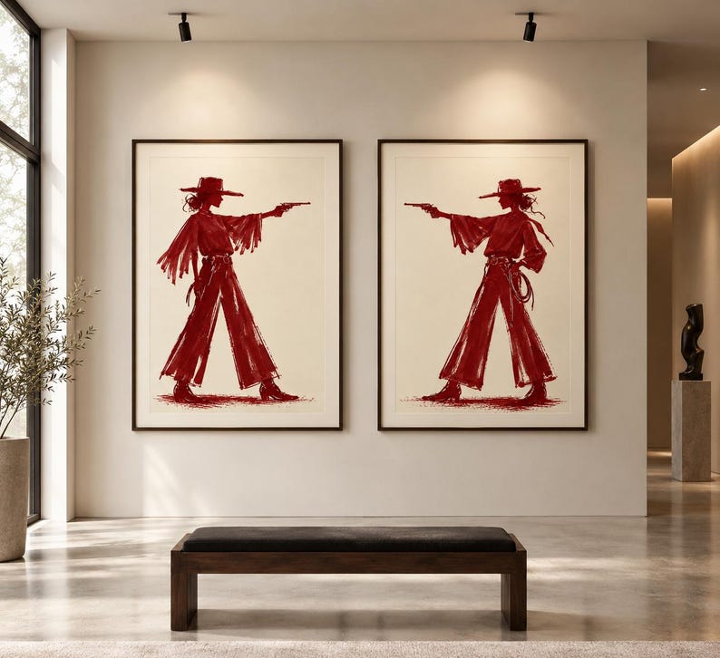 May include: Two framed wall art prints featuring a deep red illustration of a person wearing a wide-brimmed hat, a long-sleeved shirt with fringe, and wide-leg trousers, holding a pistol in an outstretched arm, set against a light background.