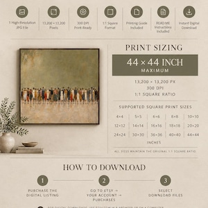 May include: A digital wall art product listing by Thread Byte Creative featuring a square abstract painting of a crowd. The graphic includes technical specifications, a list of supported square print sizes up to 44 x 44 inches, and download instructions.