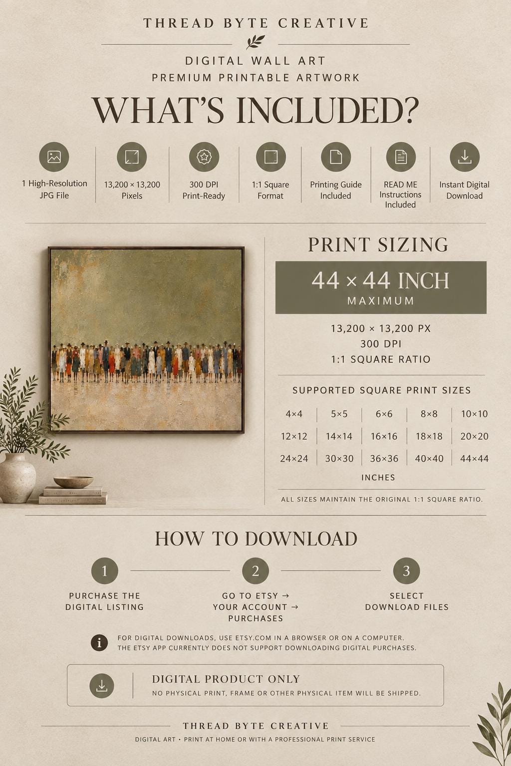 Neutral Wall Art, Beige Minimalist Crowd Painting, Olive Green People Art Print photo 9
