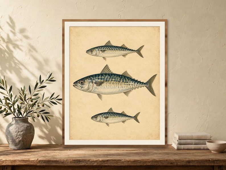 Vintage fish print of three antique mackerel illustrations on aged parchment, framed and leaning on a rustic wooden table with a stone vase of olive branches and books — nautical coastal wall art, digital download