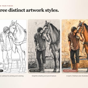 May include: A graphic display titled Choose Your Finish Three distinct artwork styles showing three versions of an illustration of a person standing next to a horse. The styles are labelled Line Art, Pencil Sketch, and Colored Artwork.