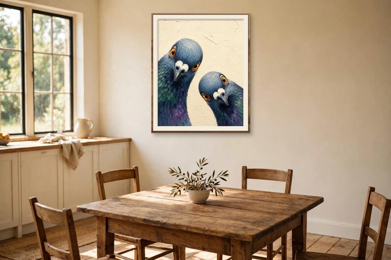 May include: A framed wall art print featuring two pigeons with iridescent blue, green, and purple neck feathers and bright orange eyes, set against a textured cream-coloured background, displayed in a simple brown wooden frame.