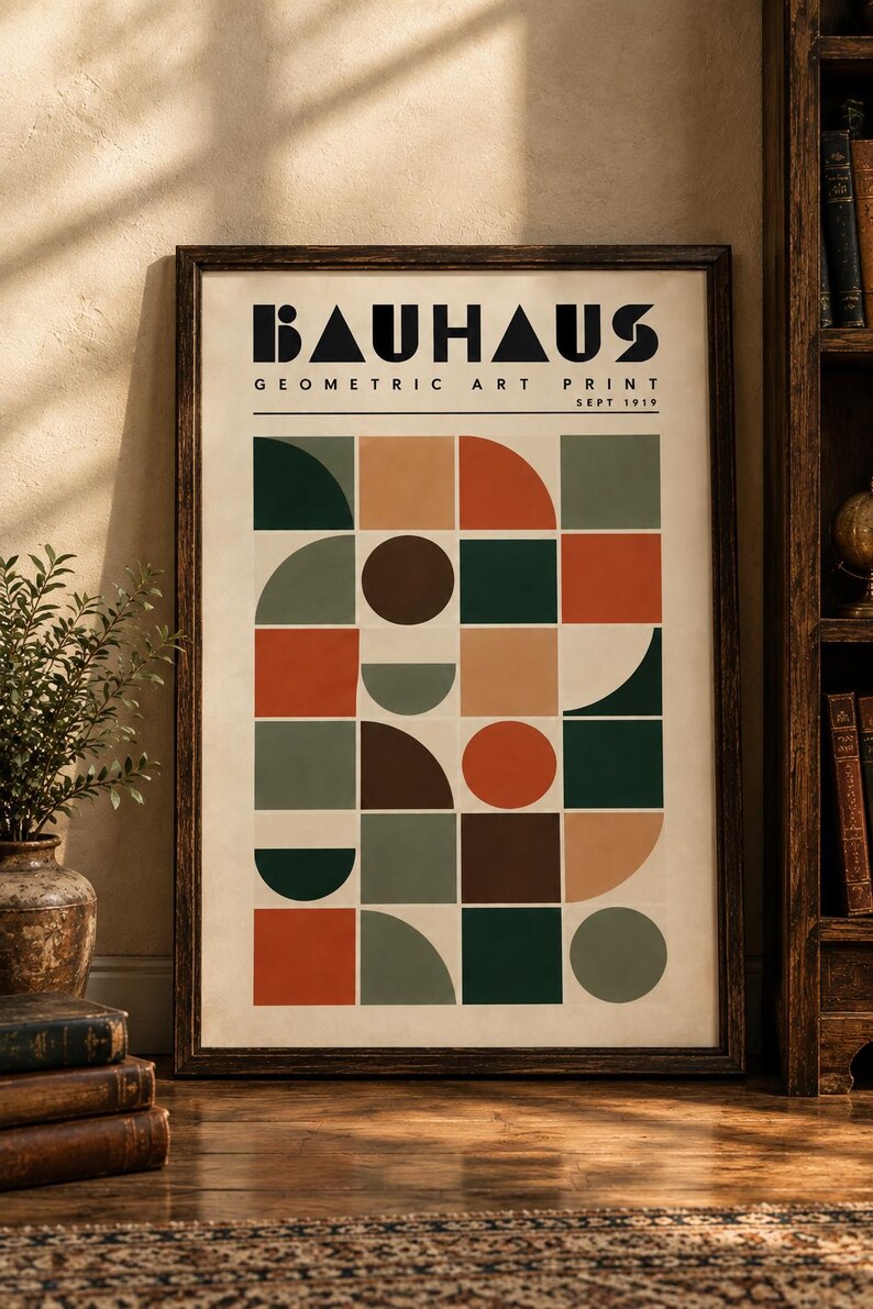 K&ouml;nnte beinhalten: Ein gerahmter Kunstdruck mit der Aufschrift BAUHAUS GEOMETRIC ART PRINT SEPT 1919. Das Poster zeigt ein Raster aus geometrischen Formen wie Kreisen, Halbkreisen und Quadraten in einer Palette aus Dunkelgr&uuml;n, Rostorange, Braun und Beige.