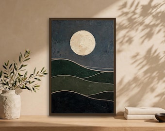Japandi Wall Art Print, Dark Green Moon Over Hills, Digital Download