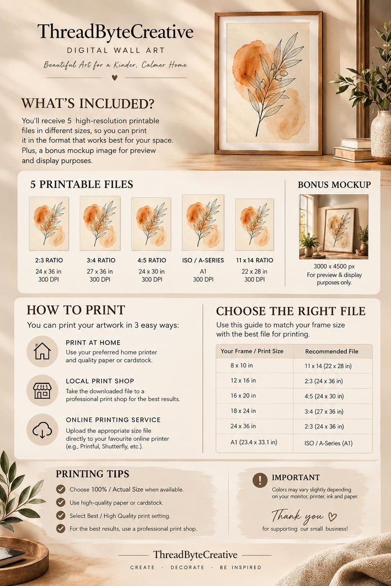 May include: A digital wall art product listing by ThreadByteCreative featuring a botanical illustration of a branch with leaves over orange watercolor shapes. The image includes five printable file ratios, printing instructions, and a size guide.