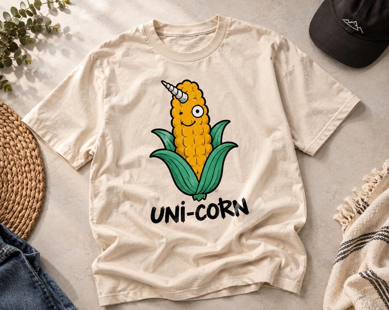 May include: A beige short-sleeve t-shirt featuring a graphic of a yellow corn cob with a white unicorn horn on its head, green husks, and a smiling face. Below the illustration, the text UNI-CORN is printed in bold, black, hand-drawn style letters.