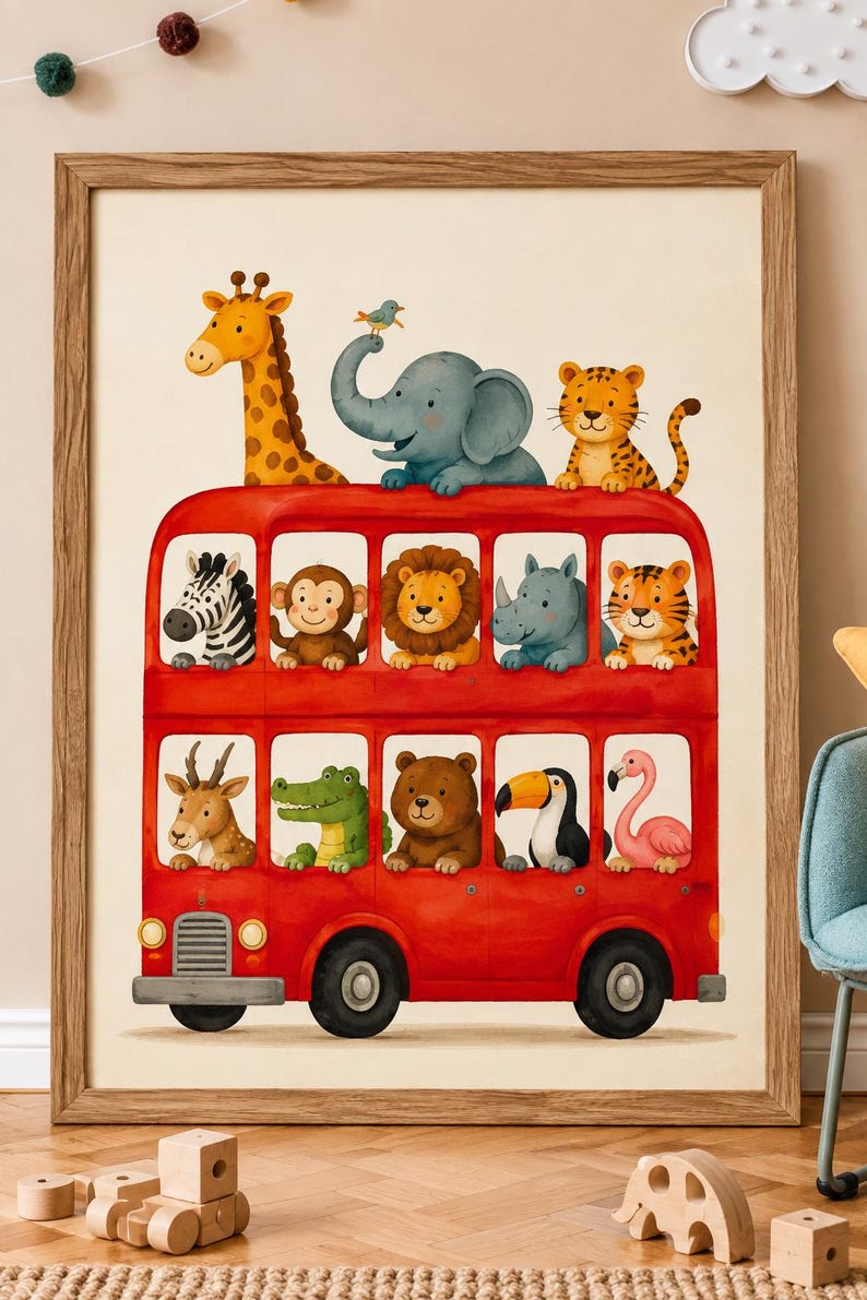 May include: A framed wall art print featuring a bright red double-decker bus filled with various illustrated animals. On the roof, a giraffe, an elephant with a small bird, and a tiger sit. The windows show a zebra, monkey, lion, rhino, tiger, deer, crocodile, bear, toucan, and flamingo.