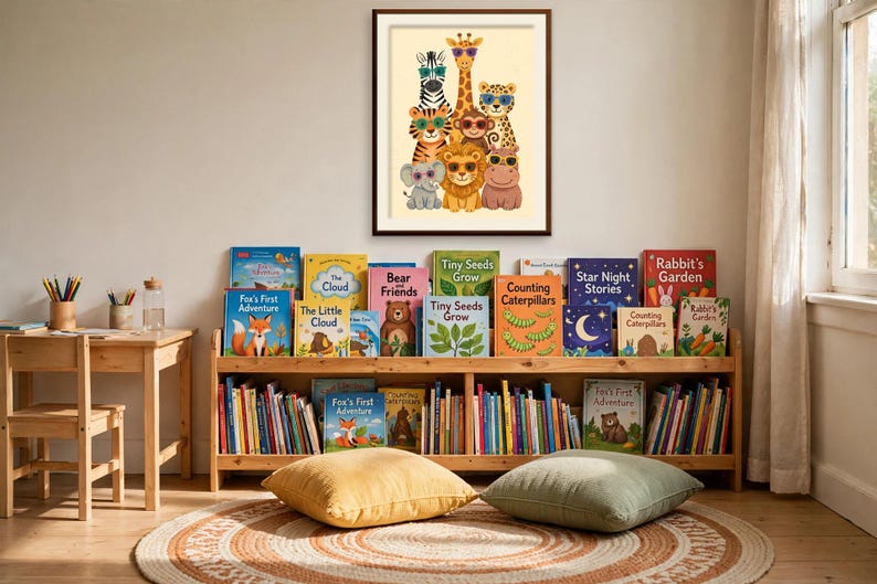 May include: A framed wall print featuring a colorful illustration of a zebra, giraffe, leopard, tiger, monkey, elephant, lion, and hippo wearing sunglasses. Below, a wooden bookshelf holds numerous children's books with various titles.
