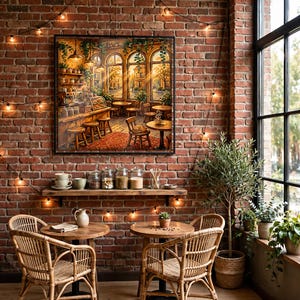 May include: A framed square wall art print depicting a cozy cafe interior with wooden furniture, stools, and large windows, mounted on a rustic red brick wall above a wooden shelf holding glass jars and ceramic cups.